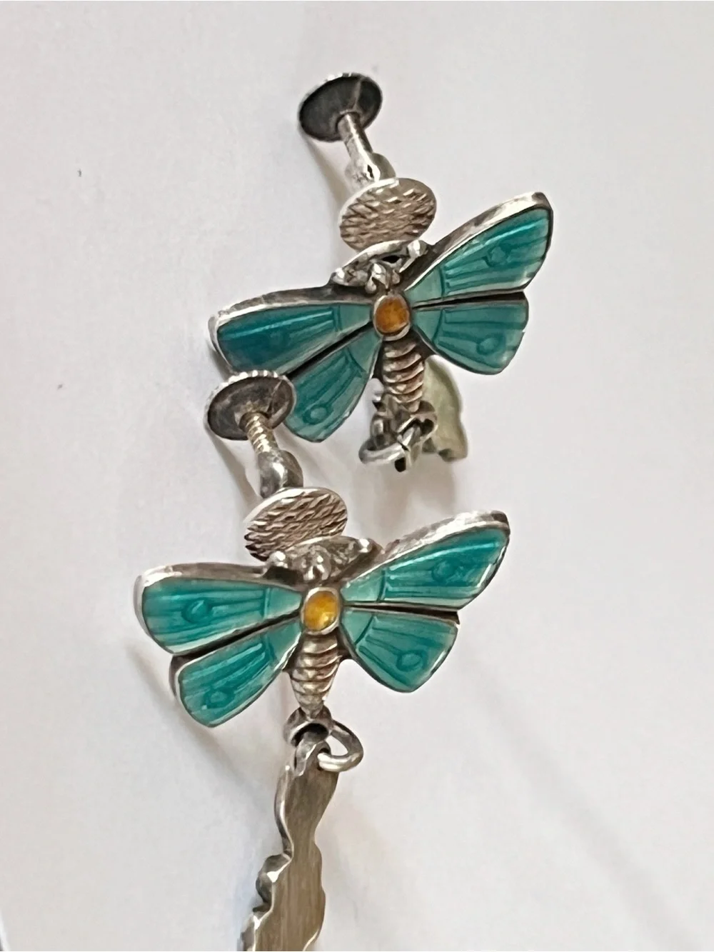 Antique Guilloche Earrings Turquoise Enamel STERLING Dangle Butterfly Daisy VTG